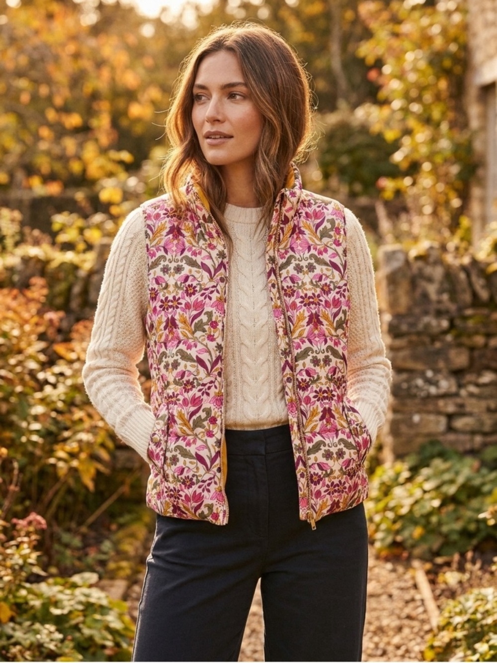 Talbots Reversible Quilted Vest Botanical Garden Gold Size XL Fall Layers Mature
